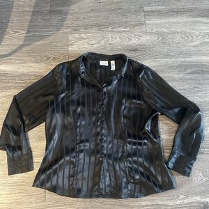 Vintage black silky striped button up top size large
